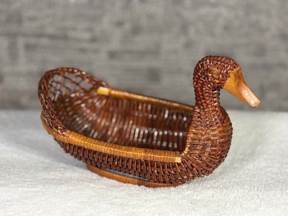 Vintage Hand-Woven Wicker Duck Basket with Carved Wooden Beak
